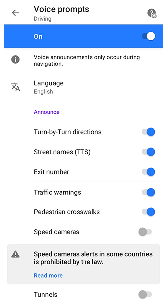 Configurações de Navegação por Voz Android