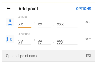 Меню введення координат Android